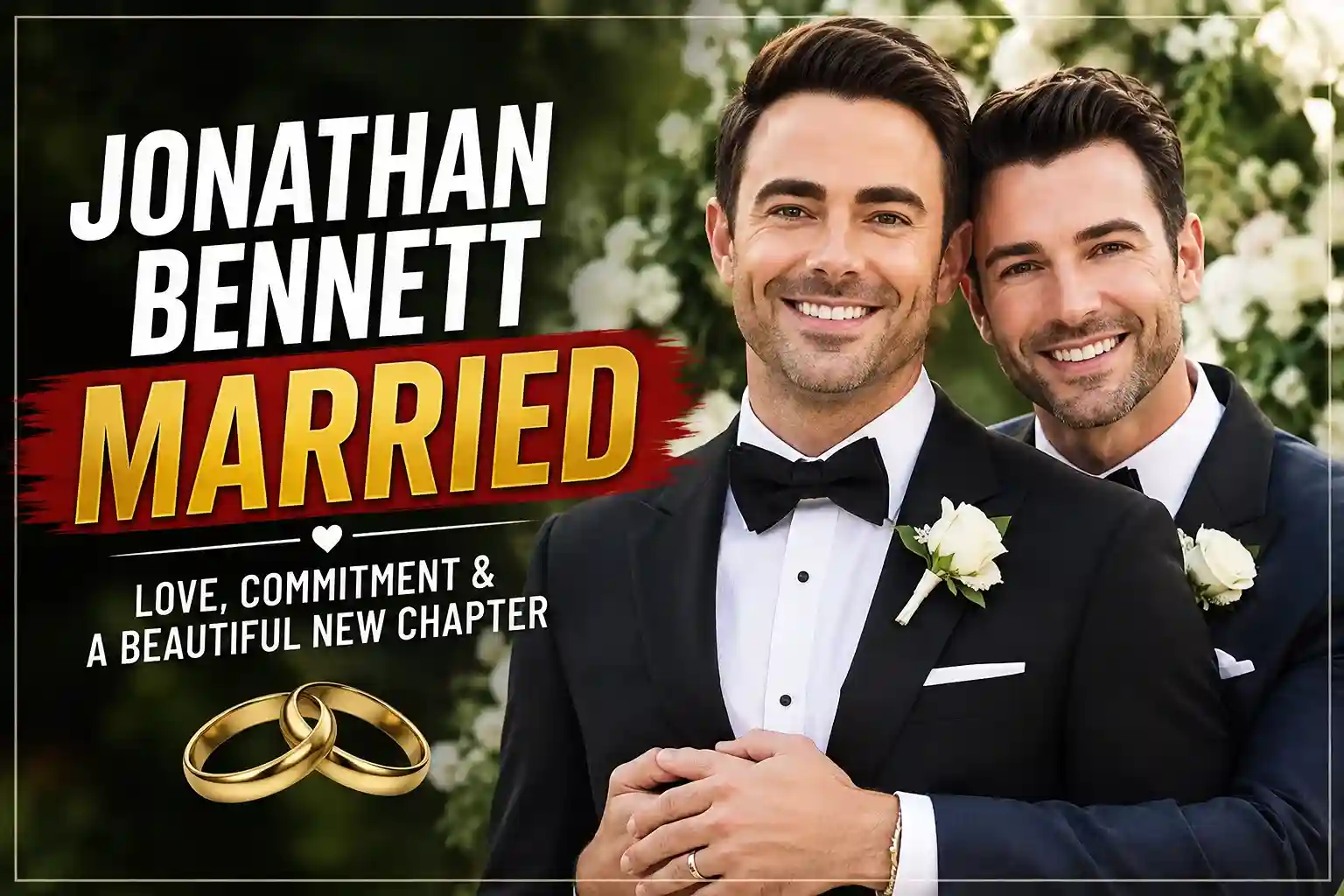 Jonathan Bennett married to Jaymes Vaughan – smiling couple in black tuxedos at their 2022 Mexico wedding with gold wedding rings