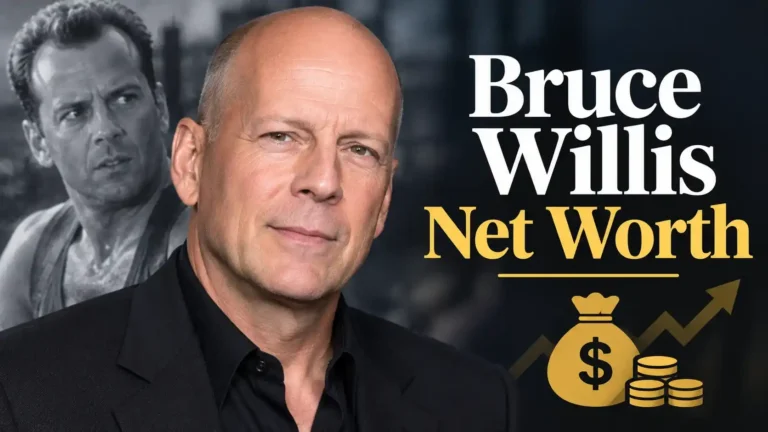 Bruce Willis net worth – then and now portrait with money graphics