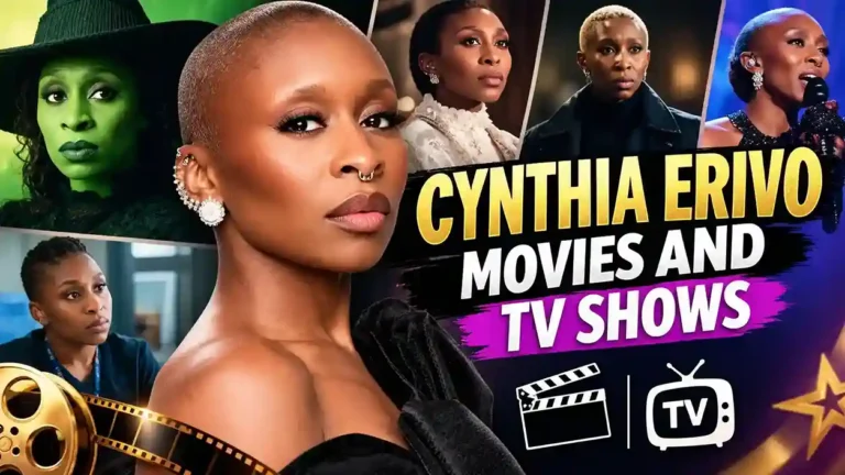 Cynthia Erivo collage showing her in different roles including Wicked’s Elphaba, with bold text Cynthia Erivo Movies and TV Shows