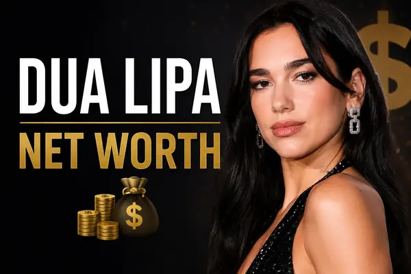 Dua Lipa looking back in a black sequin top with gold text reading Dua Lipa Net Worth.