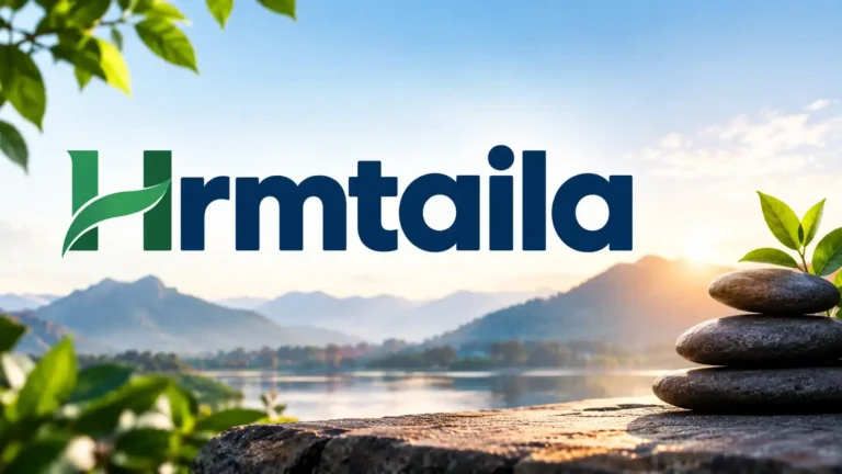 Hrmtaila logo – Natural wellness brand with green leaf symbol, peaceful lake, mountains and stacked zen stones