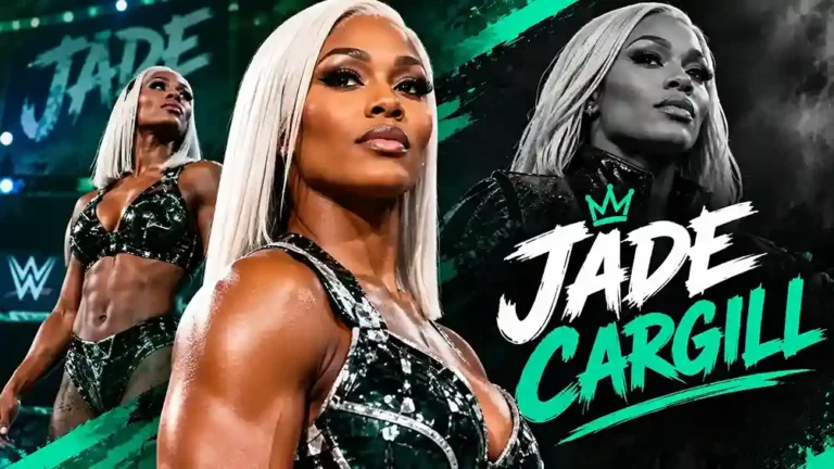 Jade Cargill in green sequined wrestling gear with platinum blonde hair, shown in multiple poses including a full-body ring shot and black-and-white portrait, with bold “Jade Cargill” text and crown icon.
