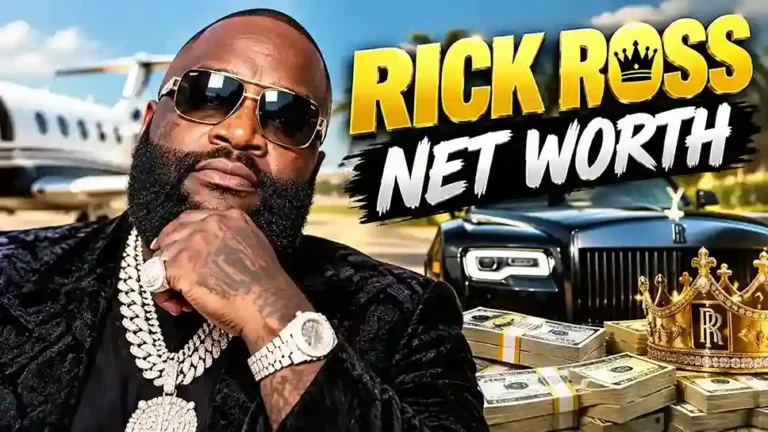 Rapper Rick Ross wearing diamond jewelry and sunglasses, posing in front of a private jet, a Rolls Royce, stacks of cash, and a gold crown with the text "Rick Ross Net Worth