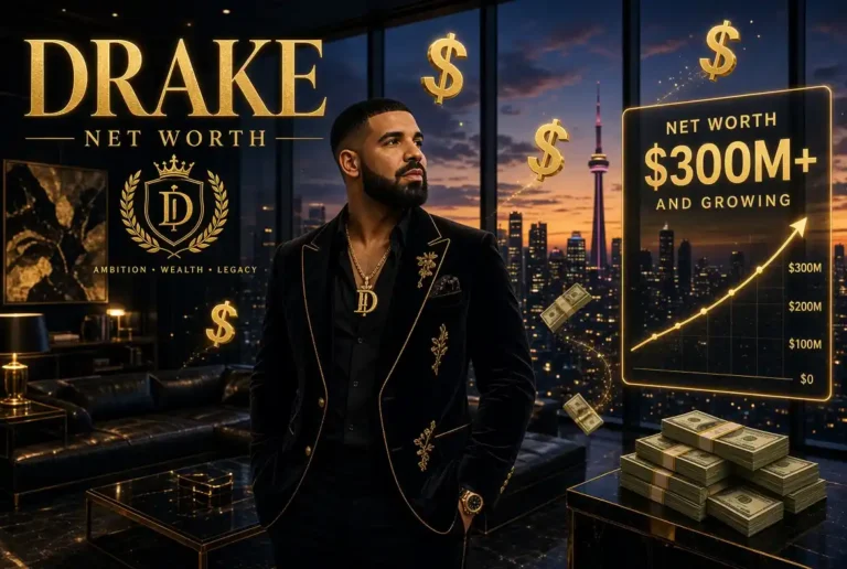Drake Net Worth $300M+ – Rapper Drake in luxury black velvet jacket with gold accents, Toronto skyline, cash stacks, and rising net worth chart