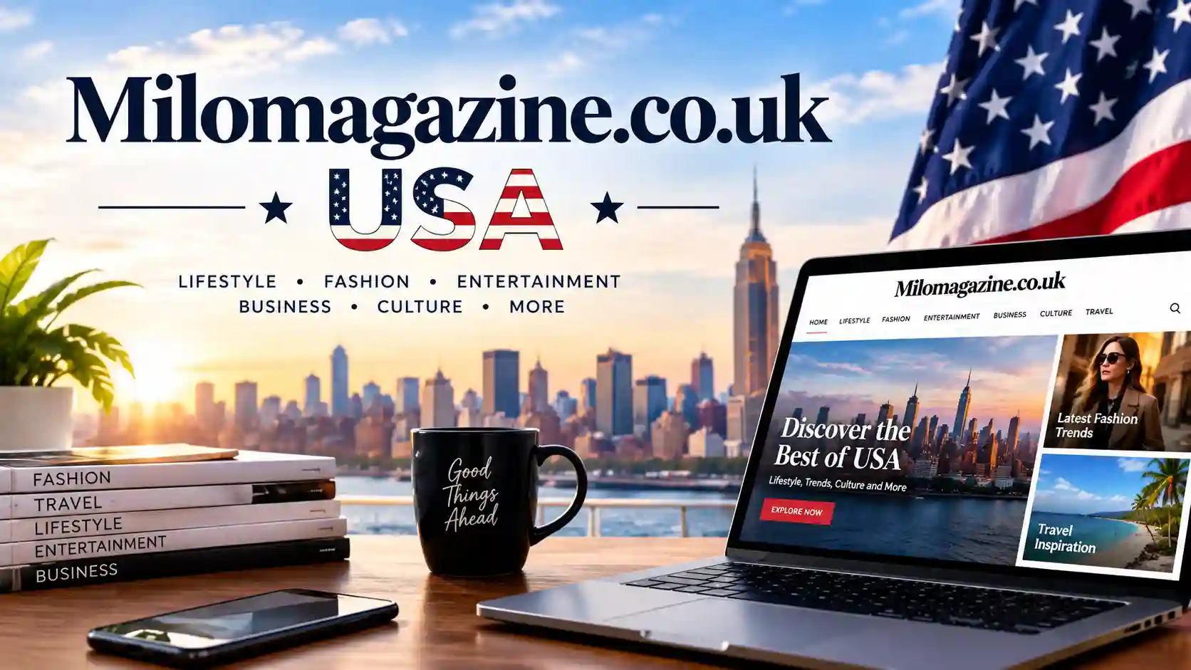 Milomagazine.co.uk USA featured image showcasing American lifestyle, fashion, travel, culture, and entertainment.