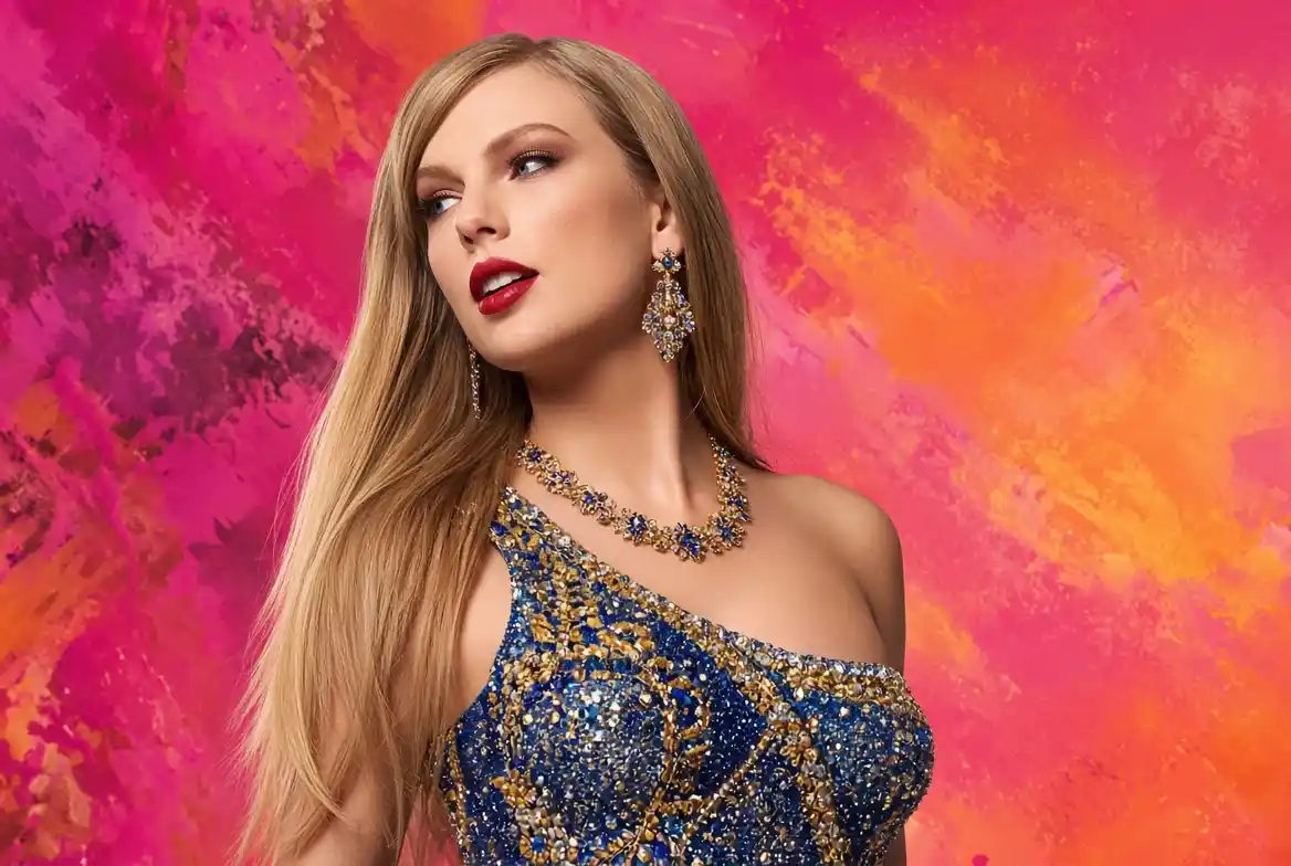 Taylor Swift posing in a sparkling blue sequined one-shoulder gown with gold and crystal embellishments, wearing statement diamond earrings and a matching necklace, against a vibrant pink and orange abstract background