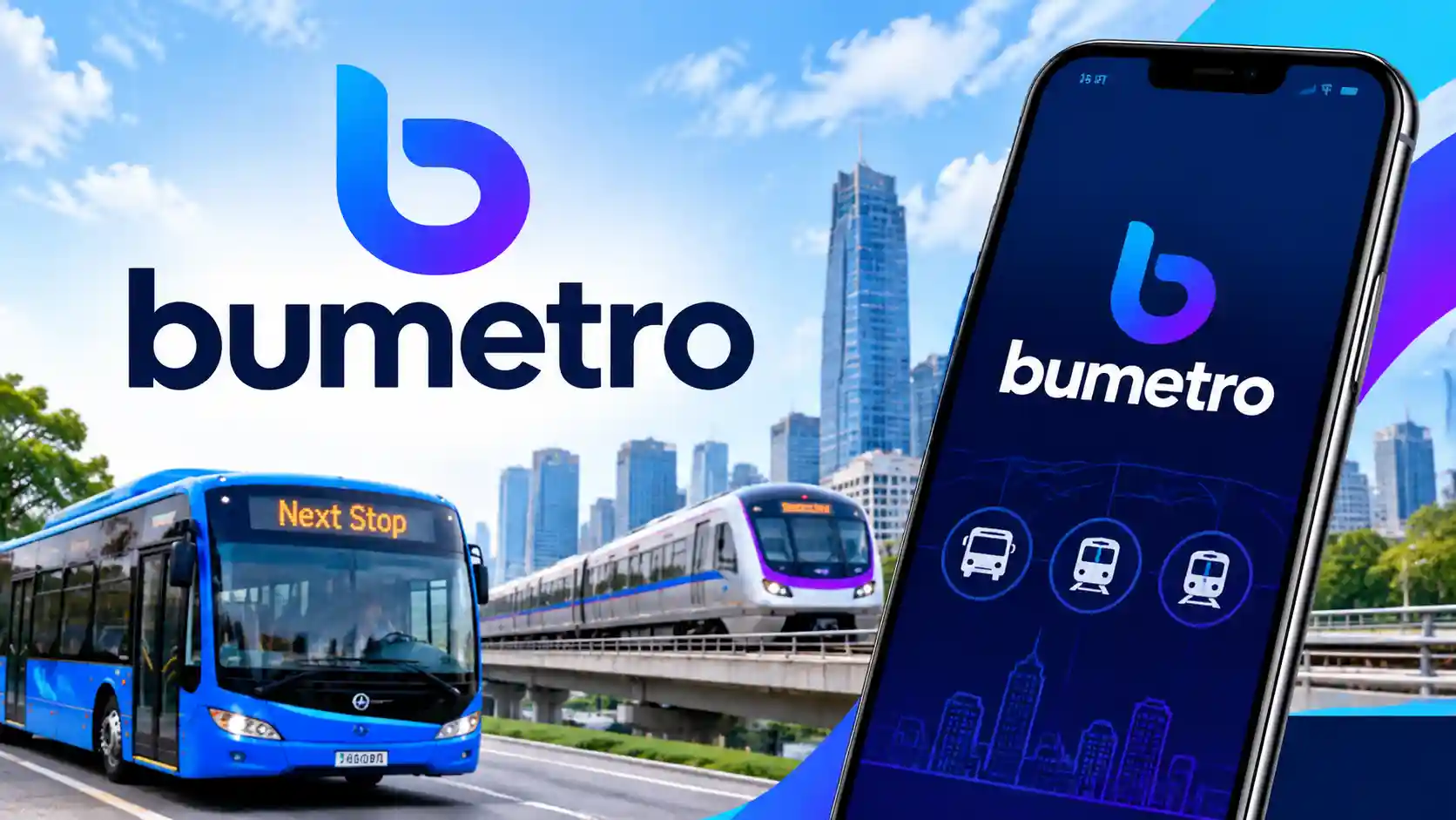 Bumetro transportation app featuring a smartphone, city bus, and metro train