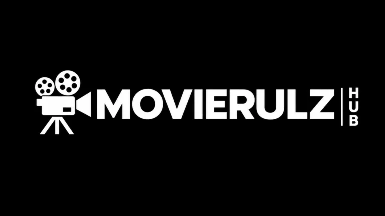 Movierulz Hub logo – white movie camera icon with bold MOVIERULZ text and vertical HUB on black background