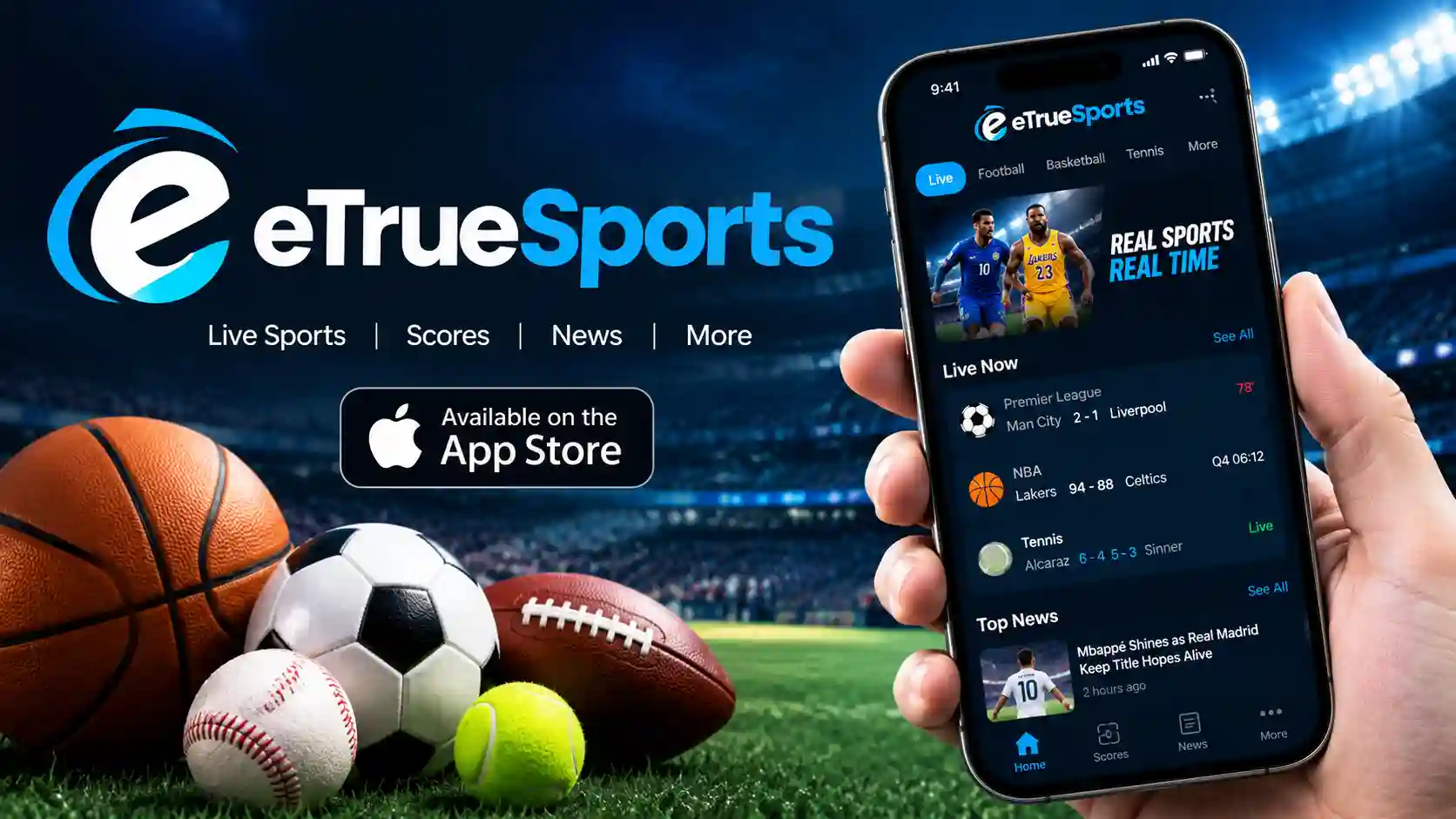 eTrueSports iOS App displaying live sports scores, news, and sports updates on a smartphone.