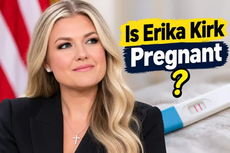 Erika Kirk blonde woman in black blazer with cross necklace and American flag background next to text Is Erika Kirk Pregnant and positive pregnancy test